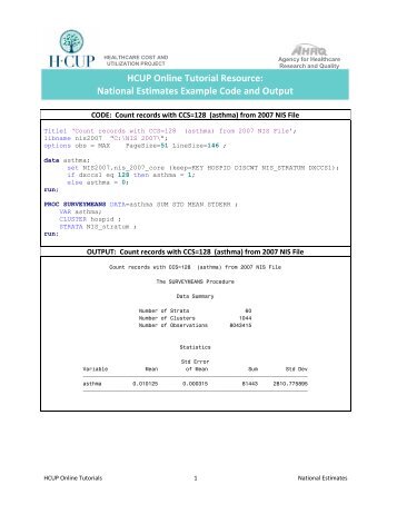 National Estimates Example Code and Output - HCUP - Agency for ...