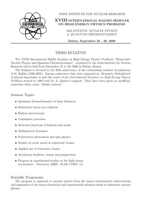 THIRD BULLETIN Seminar Topics Scientific Programme - JINR