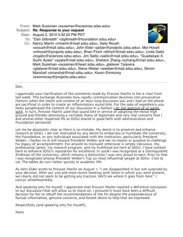 Provost Marlin e-mail from 7-30 - SDSU Molecular Biology Laboratory