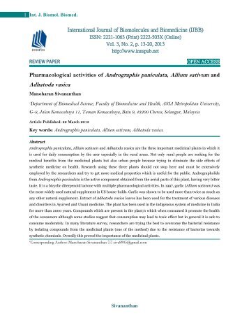 Pharmacological activities of Andrographis paniculata, Allium sativum and Adhatoda vasica