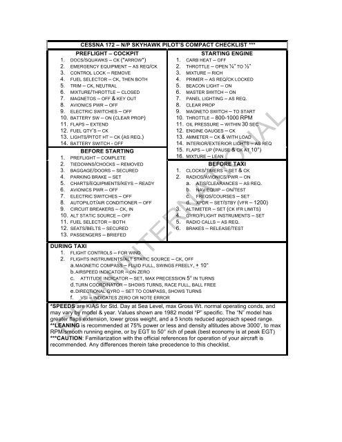 Cessna 172 Checklist Printable Cessna 172 Checklist Printable