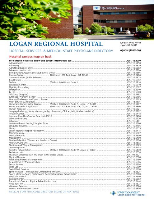 Hospital & Physician Telephone Directory - Intermountain Healthcare