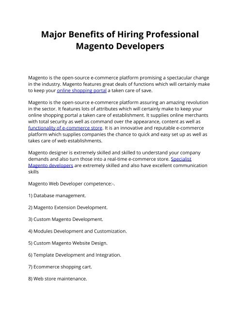 Major Benefits of Hiring Professional Magento Developers