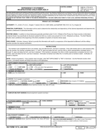 DD Form 137-5, Dependency Statement - Incapacitated Child Over ...