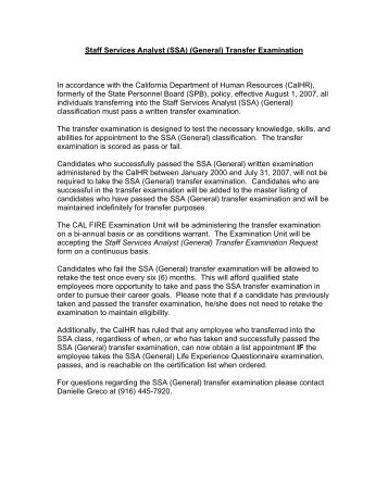 Staff Services Analyst (SSA) (General) Transfer ... - Cal Fire