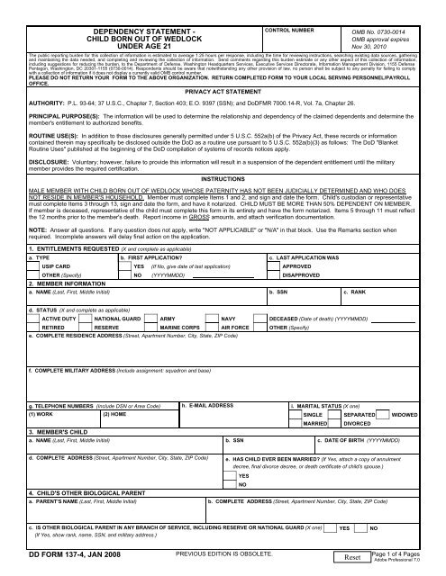 DD Form 137-4, Dependency Statement - Child Born Out of Wedlock ...