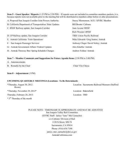 AGENDA Thursday, April 26, 2012 San Joaquin Valley Rail Committee