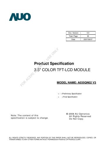 Product Specification 3.5" COLOR TFT-LCD MODULE