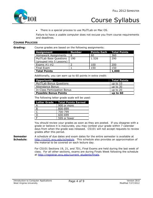 Course Syllabus - Computer Science 101 - West Virginia University