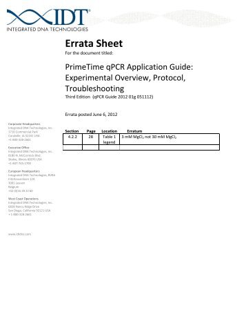 PrimeTime qPCR Application Guide, 3rd Ed. Errata Sheet