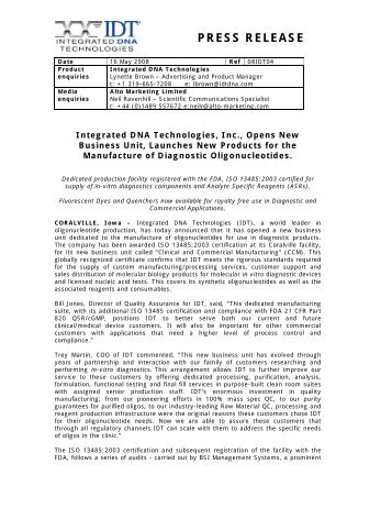 PRESS RELEASE - Integrated DNA Technologies