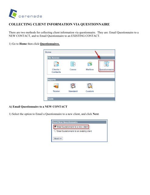 collecting client information via questionnaire - Cerenade