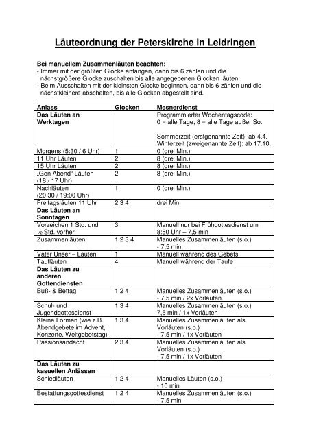 LÃ¤uteordnung der Peterskirche Leidringen - Rosenfeld