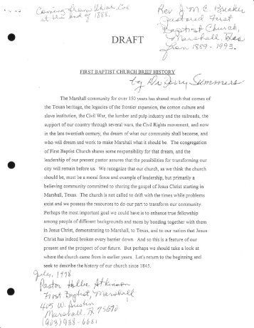 Draft of History of First Baptist Church of Marshall, Texas