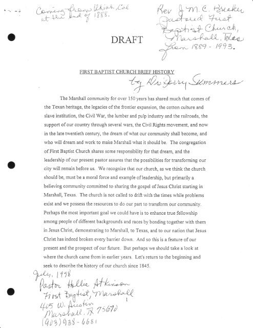 Draft of History of First Baptist Church of Marshall, Texas