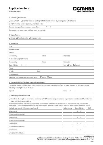 Application form - GMHBA Health Insurance