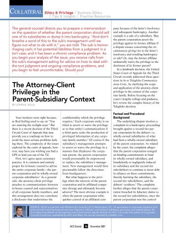 The Attorney-Client Privilege in the Parent-Subsidiary Context