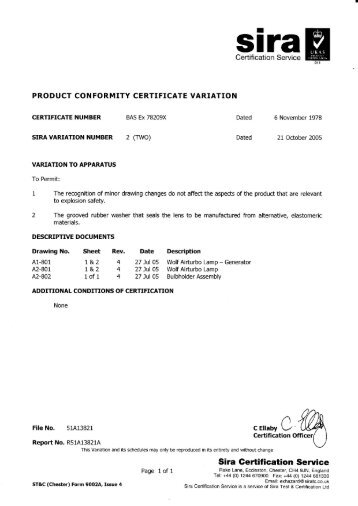 certificate - Airlamp non-Atex Sira - Safety Lamp of Houston Inc.