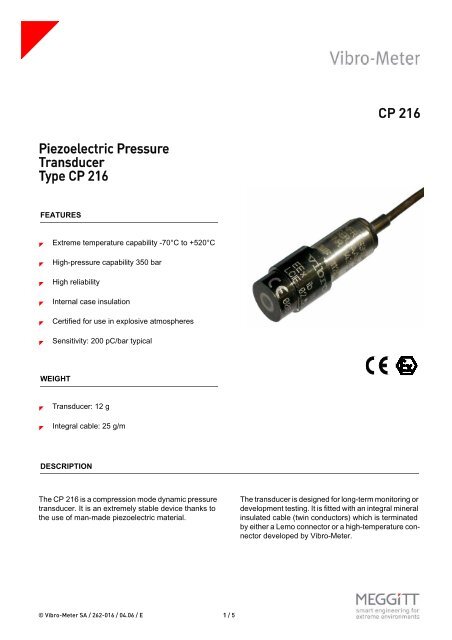 CP 216 Piezoelectric Pressure Transducer Type CP 216