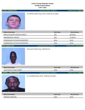 Lenoir County Detention Center Inmate Incarcerations Last 7 days