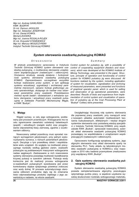 maszyny gÃ³rnicze 2/2011 - Instytut Techniki GÃ³rniczej KOMAG