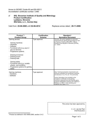 Annex to ISO/IEC Guide 65 and EN 45011 Accreditation certificate ...