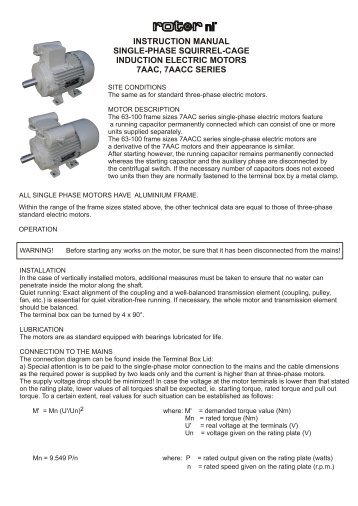 Instruction Manual for Single-phase Motors - Rotor UK