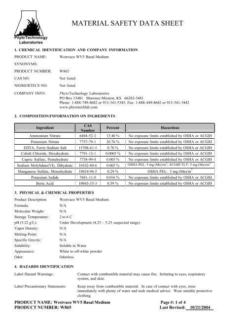 MATERIAL SAFETY DATA SHEET  PhytoTechnology Laboratories