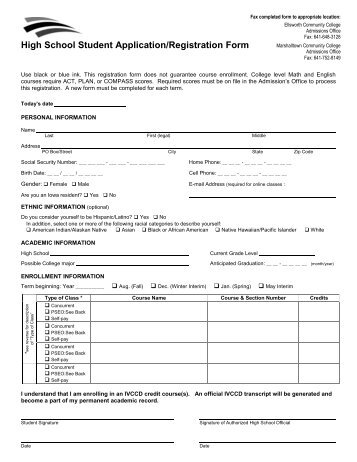 High School Student Application/Registration Form - Iowa Valley ...