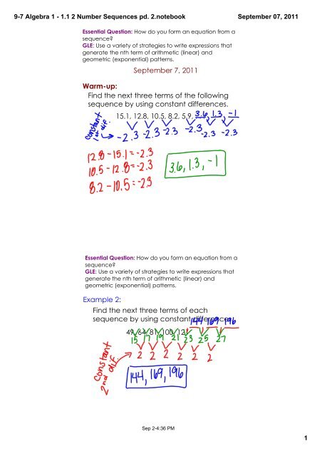9-7 Algebra 1 - 1.1 2 Number Sequences pd. 2.notebook - Red Clay ...