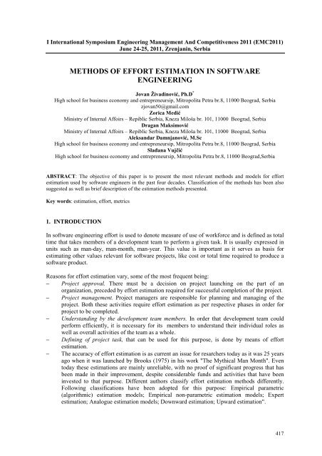METHODS OF EFFORT ESTIMATION IN SOFTWARE ENGINEERING