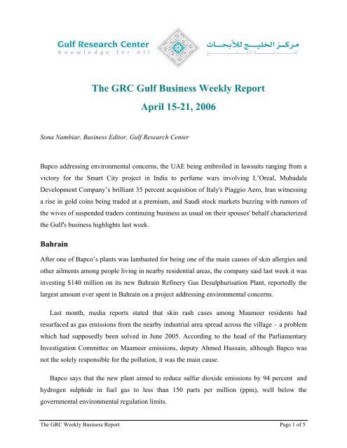 The Grc Gulf Business Weekly Report Gulf Research Center