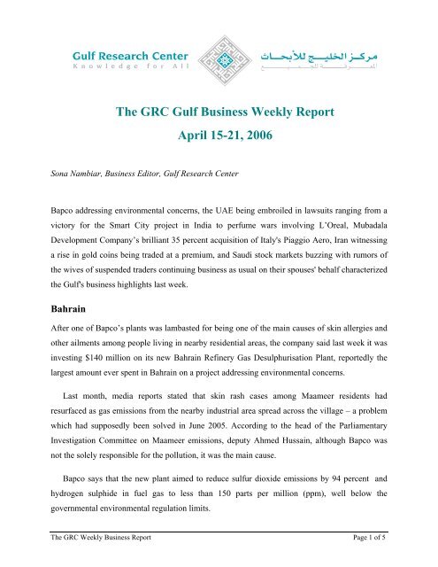 The GRC Gulf Business Weekly Report - Gulf Research Center