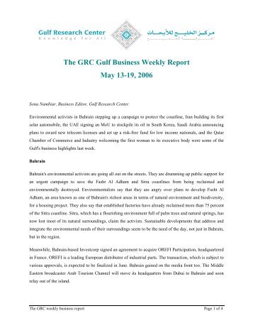 The GRC Gulf Business Weekly Report - Gulf Research Center