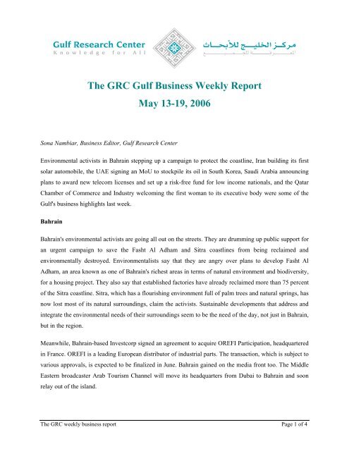 The GRC Gulf Business Weekly Report - Gulf Research Center