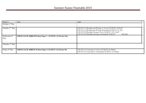 Summer Exams Timetable 2015