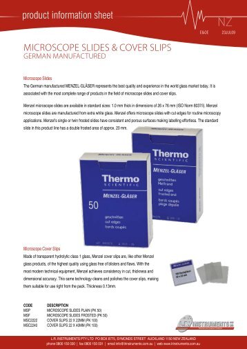 product information sheet MICROSCOPE SLIDES & COVER SLIPS