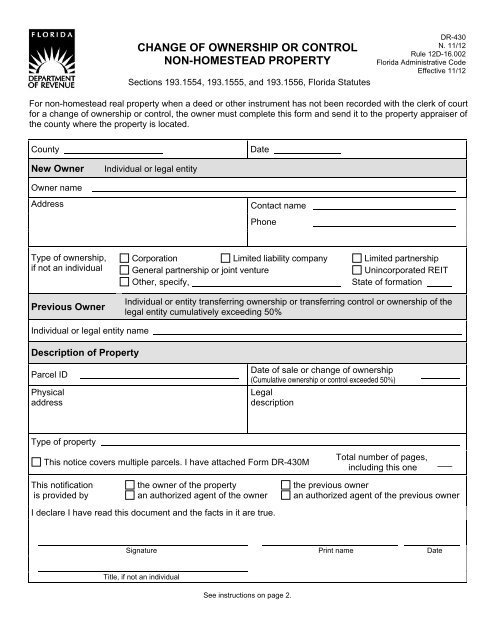 change of ownership or control non-homestead property