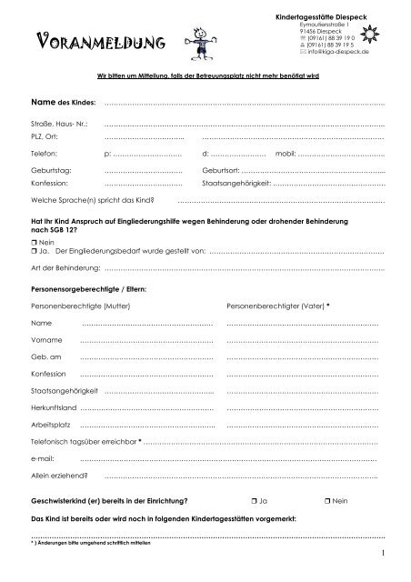 VORANMELDUNG - Formular - Kindergarten Diespeck