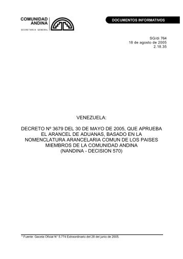 venezuela: decreto nÂº 3679 del 30 de mayo de 2005, que aprueba ...