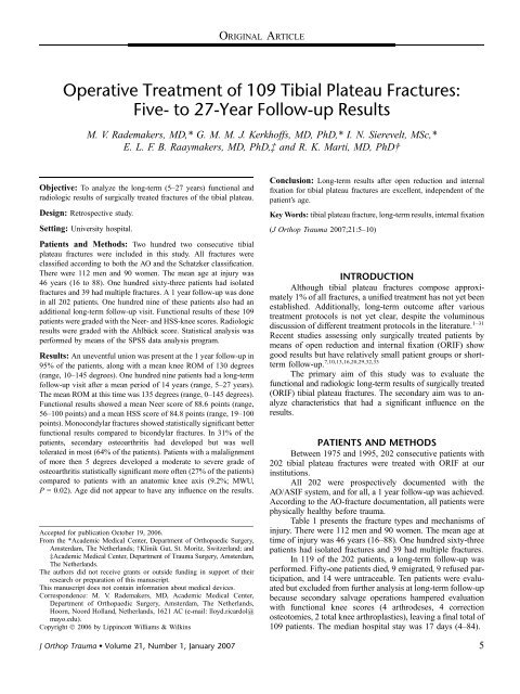 Operative Treatment of 109 Tibial Plateau Fractures ... - ResearchGate