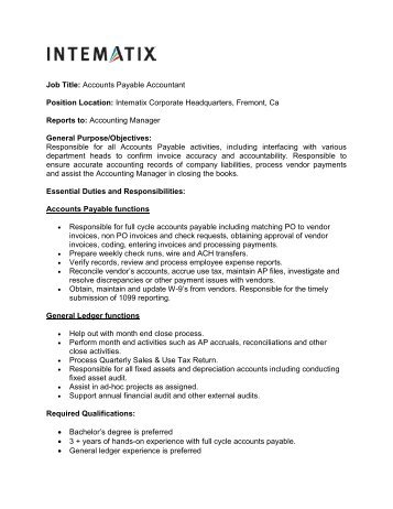 Job Title: Accounts Payable Accountant Position Location: Intematix ...