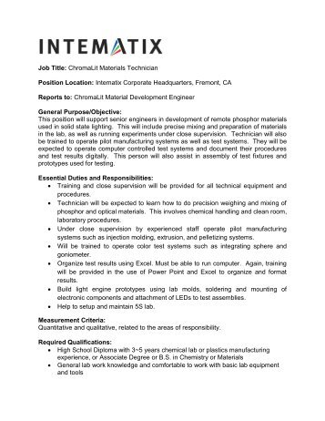 Job Title: ChromaLit Materials Technician Position ... - Intematix