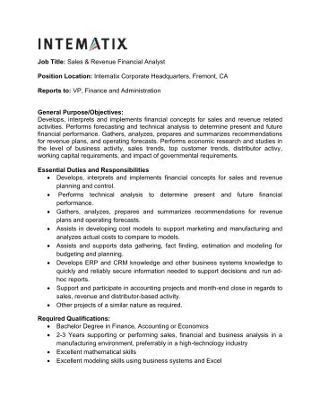 Job Title: Sales & Revenue Financial Analyst Position ... - Intematix