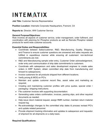 Job Title: Customer Service Representative Position ... - Intematix