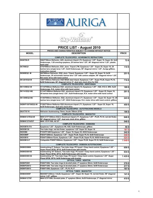 PRICE LIST - August 2010