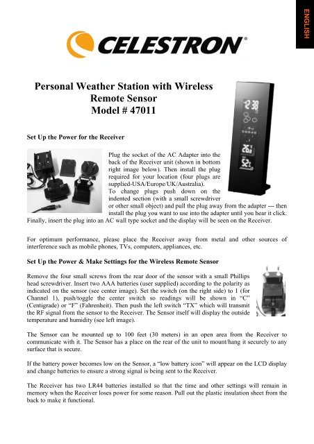 Personal Weather Station with Wireless Remote Sensor ... - Celestron