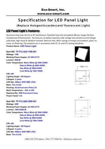 Specification for LED Panel Light - ECO-$MART Home