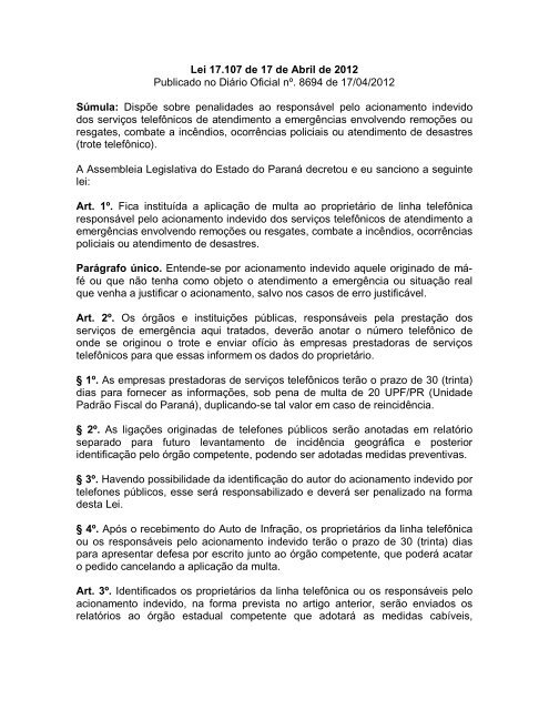 Lei 17.107 de 17 de Abril de 2012 Publicado no Diário ... - Procon