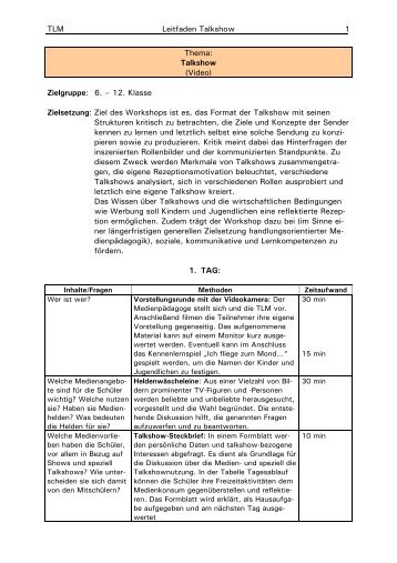 TLM Leitfaden Talkshow 1 Thema: Talkshow (Video) Zielgruppe: 6 ...
